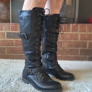 Knee high lace up combat/moto boots